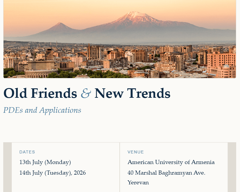 "Old Friends & New Trends: PDEs and Applications" workshop | July 13–14, 2026